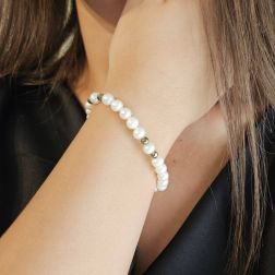 photo of worn Fresh Water pearls bracelet with 18kt Yellow Gold clasp and Pyrites