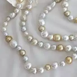 Long Necklace Irregular Pearls White and Gold
