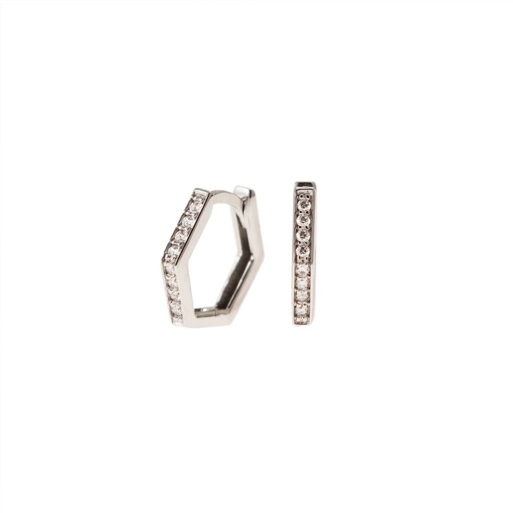 White Gold Hexagonal Lobe Hoops with Zircons