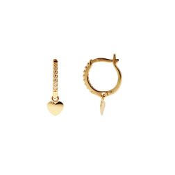 Yellow Gold Lobe Hoops with Zircons and Heart pendants