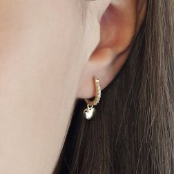 Photo of worn Yellow Gold Lobe Hoops with Zircons and Heart pendants