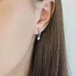Photo of worn White Gold Lobe Hoops with Zircons and Heart pendant
