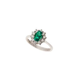 Emerald 7mm x 5mm and 10 Diamonds Ring  - Italian size 12