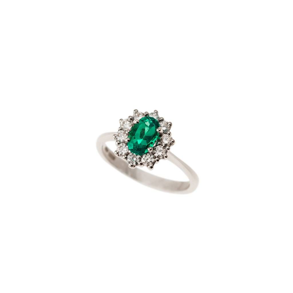Emerald 7mm x 5mm and 10 Diamonds Ring  - Italian size 12