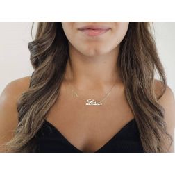 photo of worn Silver Necklace with name LISA and zircon at the end. Last Piece available