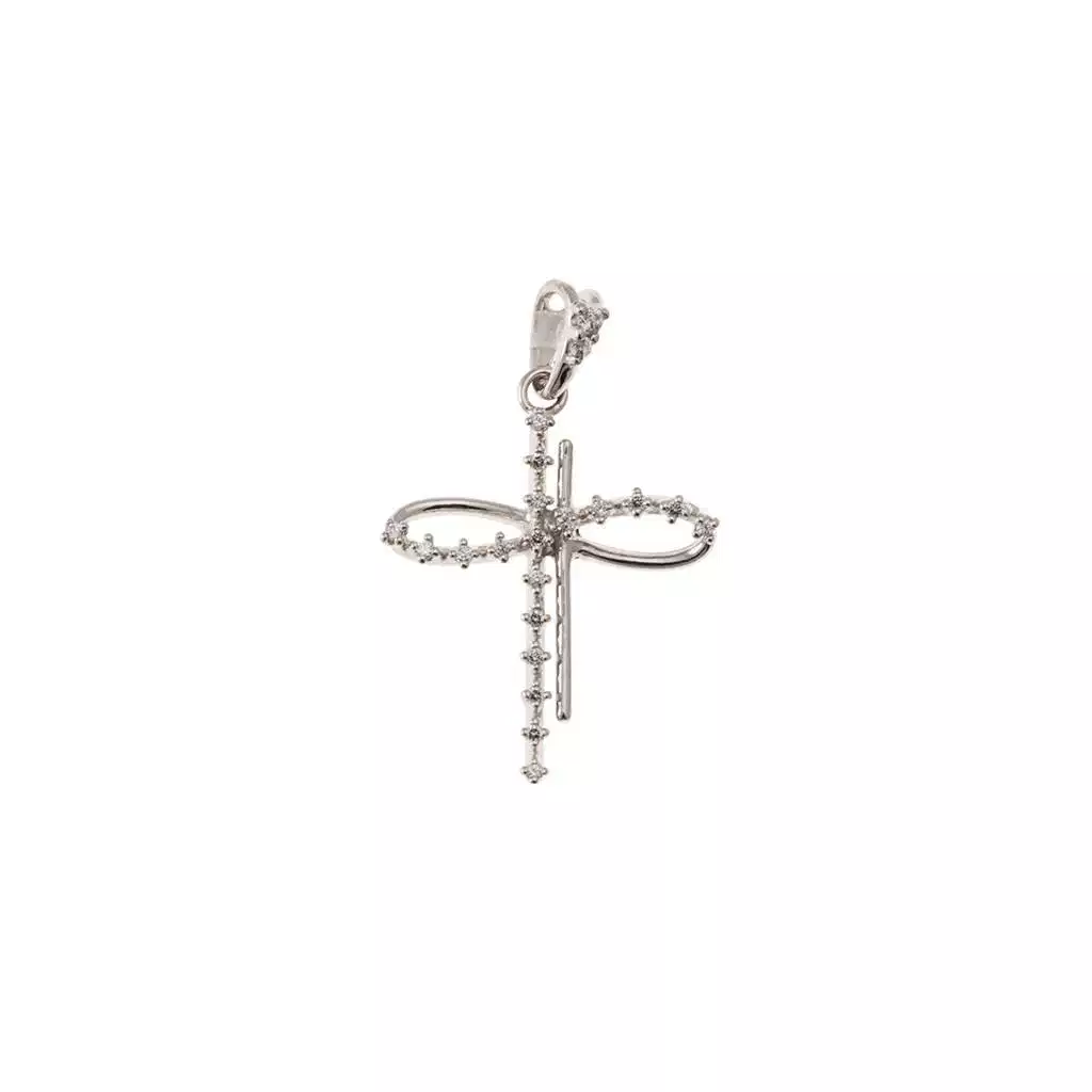 Croce con simbolo Infinito stilizzata a filo con zirconi in oro bianco