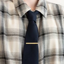 Photo of worn Flat striped with satin segment Tie Clip
