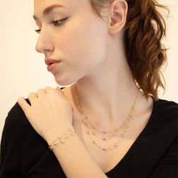 Photo of worn Three-strand Necklace with Barrels in Yellow and White Gold