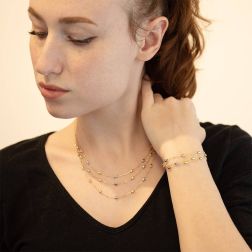 Photo of worn Three-strand Necklace with Barrels in Yellow and White Gold