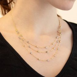 Photo of worn Three-strand Necklace with Barrels in Yellow and White Gold