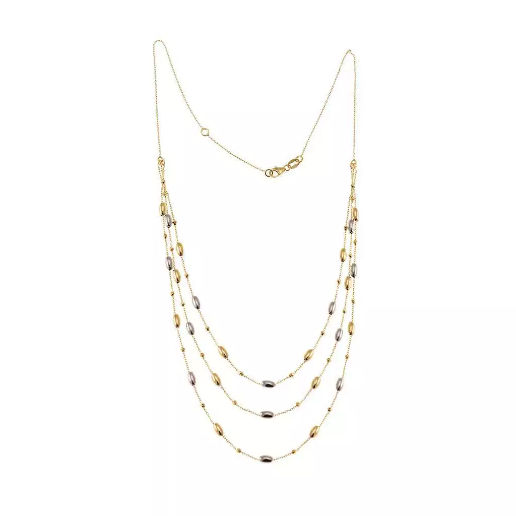 Three-strand Necklace with Barrels in Yellow and White Gold