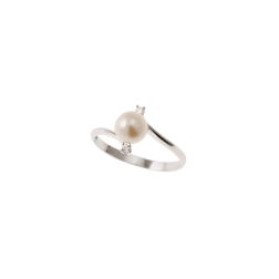 Anello Contrarié con Perla 6mm e due Zirconi in Oro Bianco - Piccolo