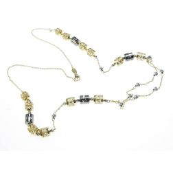 Collana 60cm con Ciondoli ricamati e Sfere Diamantate in Oro Giallo e Bianco