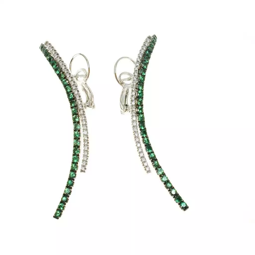 Curved Pendant Earrings with Tsavorite and Diamonds in White Gold