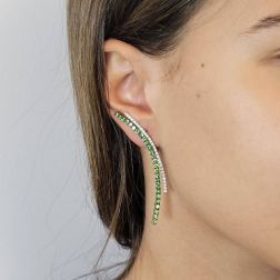 Photo of worn Curved Pendant Earrings with Tsavorite and Diamonds in White Gold