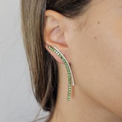 Photo of worn Curved Pendant Earrings with Tsavorite and Diamonds in White Gold