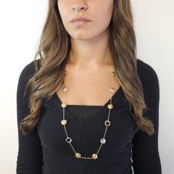 Photo of worn Openwork Flowers Necklace in 18kt Yellow, Rose and White Gold