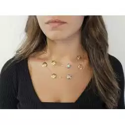 Photo of worn Openwork Flowers Necklace in 18kt Yellow, Rose and White Gold