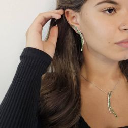 Photo of worn Curved Pendant Earrings with Tsavorite and Diamonds in White Gold