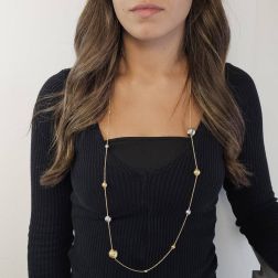 Photo of worn Laccio Necklace 96 cm with Diamond Spheres in Yellow and White Gold