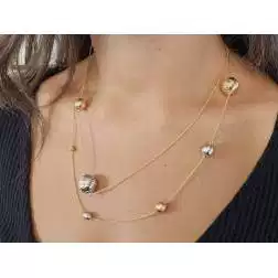 Collana Laccio 96cm con Sfere Diamantate in Oro Giallo e Bianco foto indossata