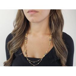 Photo of worn 60cm Necklace with pendants and Diamond spheres in Yellow and White Gold