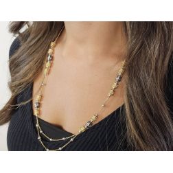 Photo of worn 60cm Necklace with pendants and Diamond spheres in Yellow and White Gold