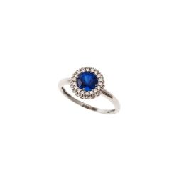 White Gold Ring Round blue zircon surrounded by zircons