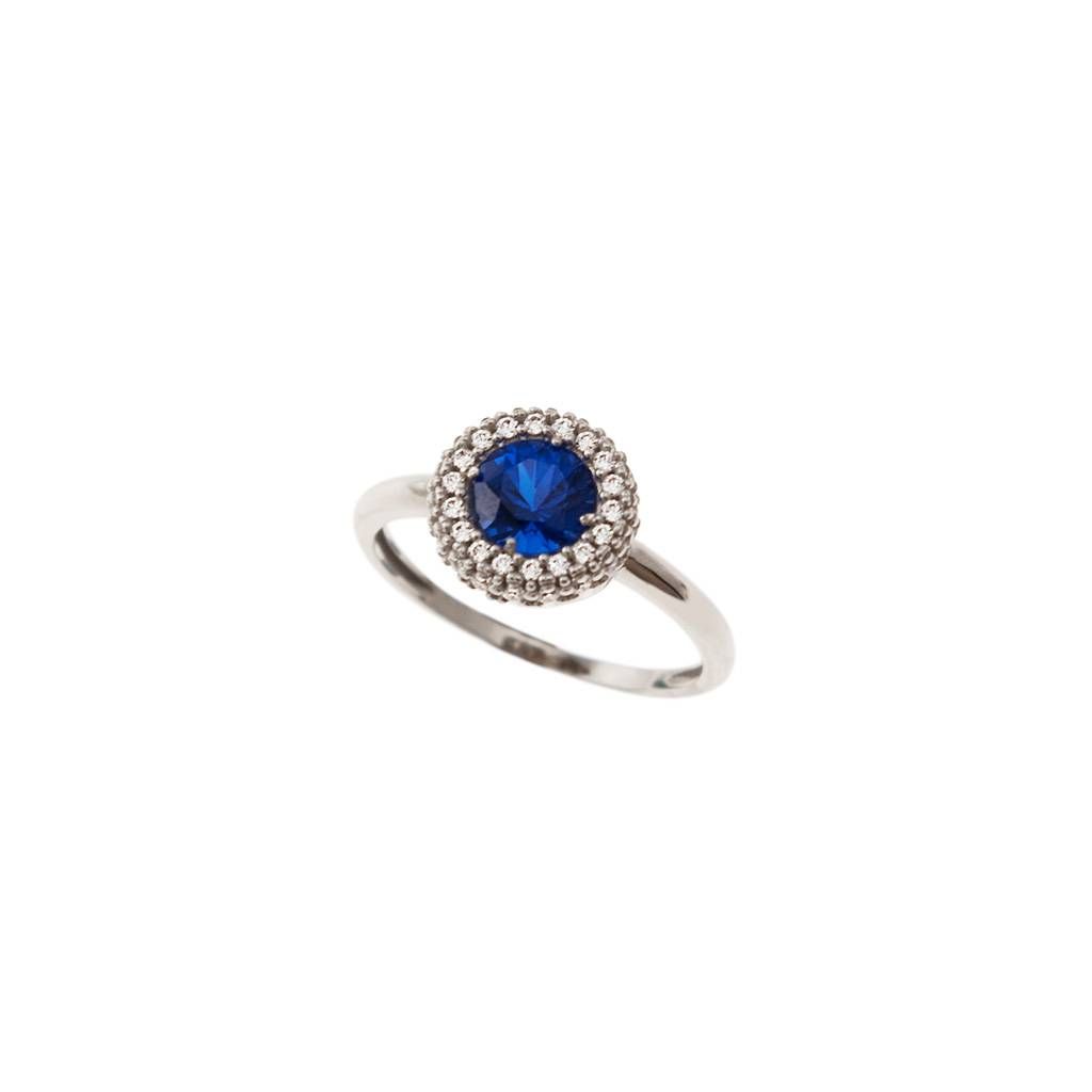 White Gold Ring Round blue zircon surrounded by zircons