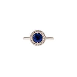 White Gold Ring Round blue zircon surrounded by zircons