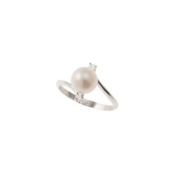 White Gold Contrarié ring with 7,50mm Pearl and two Zircons - Big