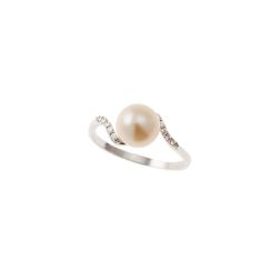 Anello con Perla e Onda con Zirconi in Oro Bianco
