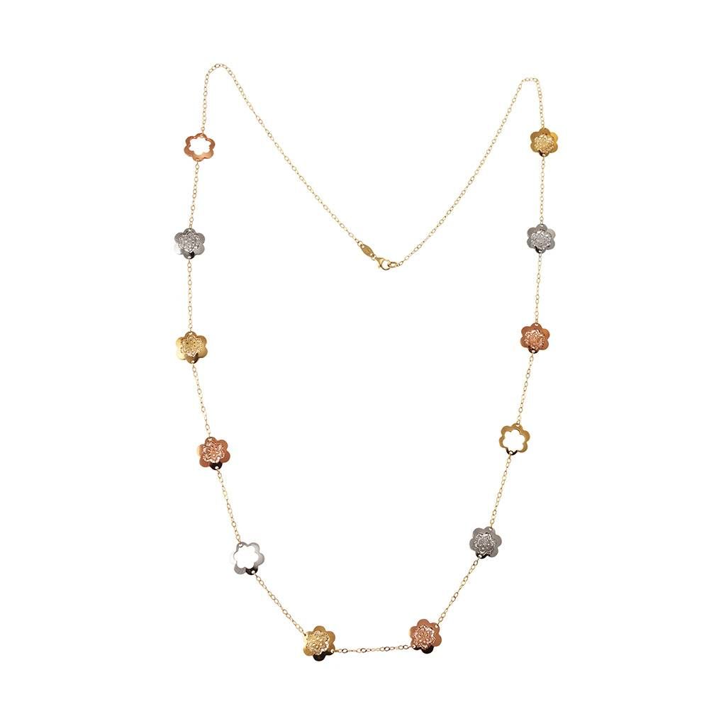 Collana Laccio 80cm fiori ricamati traforati in Oro Giallo, Rosa e Bianco