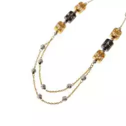 Collana 60cm con Ciondoli ricamati e Sfere Diamantate in Oro Giallo e Bianco