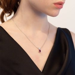 Photo of worn Semi-rigid necklace with Oval Red Ruby and 5 Diamonds in White Gold