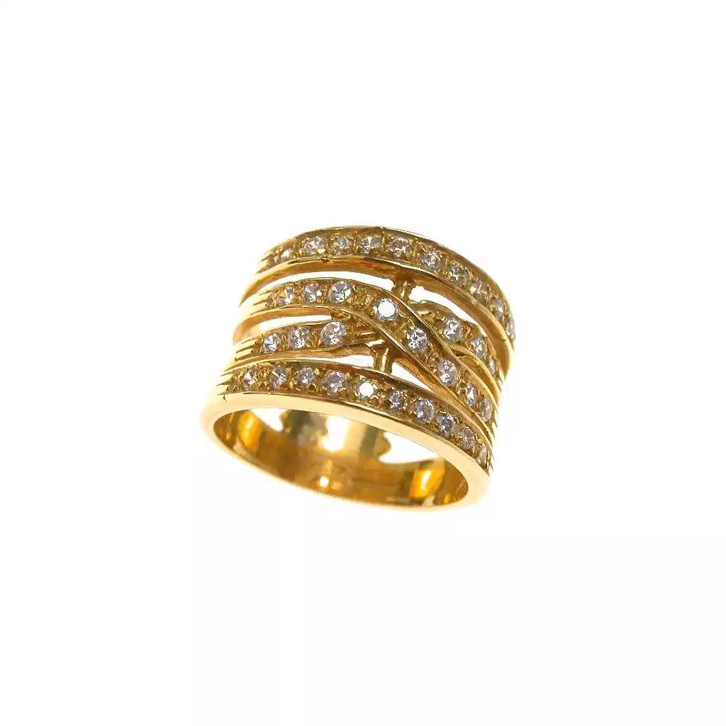 Anello Quattro Fili Intrecciato con Zirconi Oro Giallo