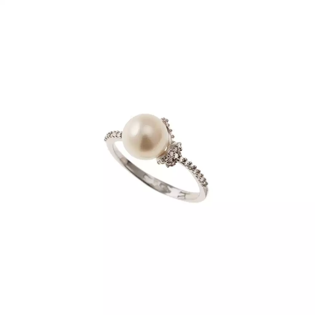 Anello Nodo con Perla e Zirconi Oro Bianco