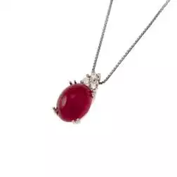 18kt White Gold Red Oval 9,80x7,70mm Cabochon Ruby and 3 Diamonds Necklace