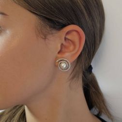 Photo of worn Akoya Pearl and Spiral Round Diamonds Earrings