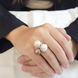Photo of worn White Gold Tricolor Pearl Ring