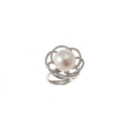 Anello Fiore Perla 1 cm con Zirconi in Oro Bianco