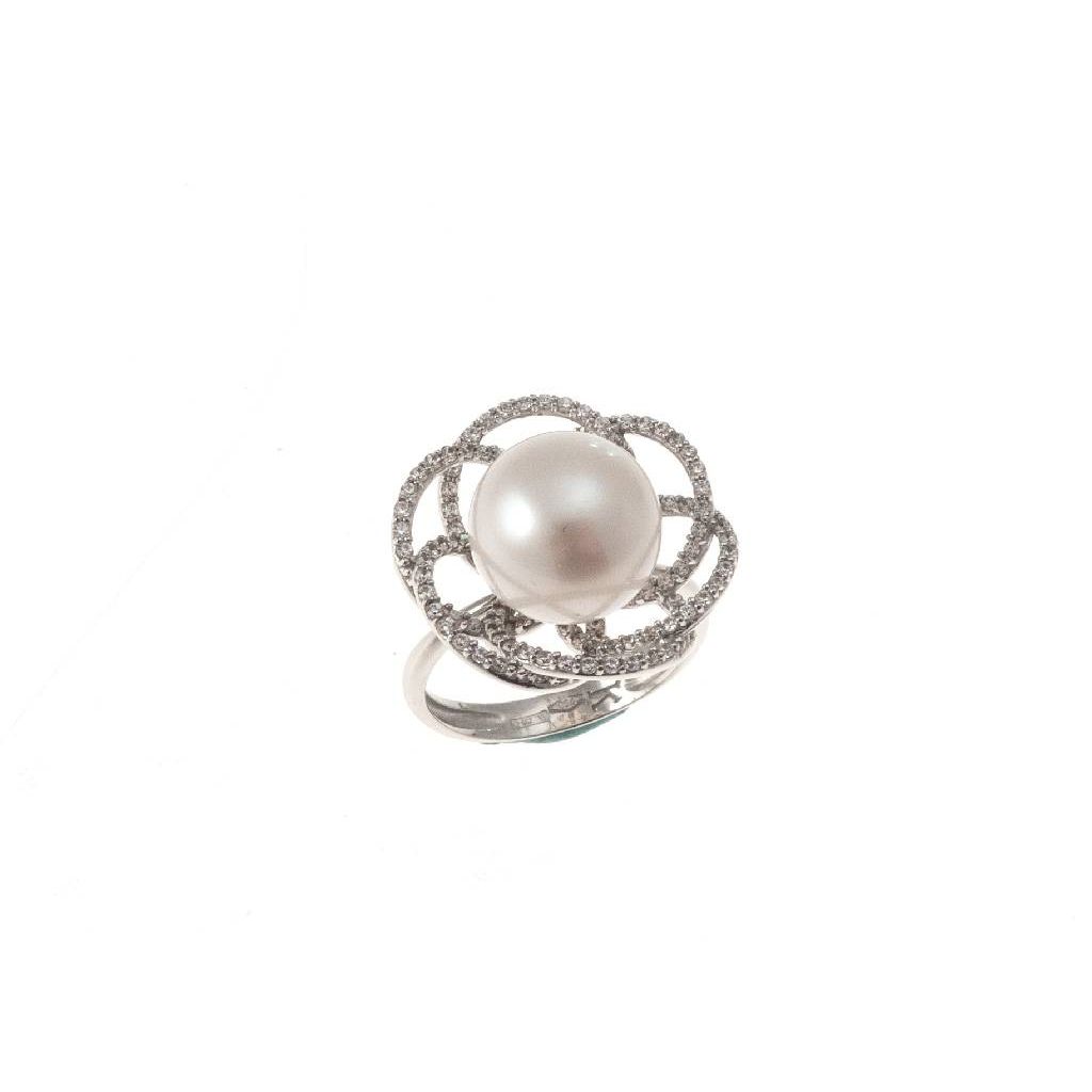 Anello Fiore Perla 1 cm con Zirconi in Oro Bianco