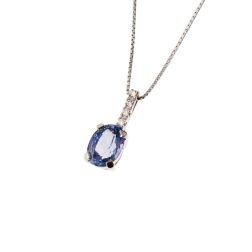 Collana con Zaffiro Blu Ovale 8x6mm e Barretta Diamanti