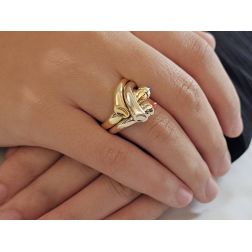 Photo of worn Yellow and White Gold Contrarié Ring with Red Carnelian and Light Blue Chalcedony