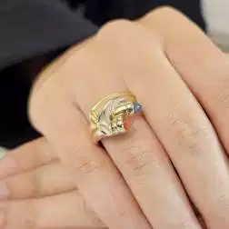 Photo of worn Yellow and White Gold Contrarié Ring with Red Carnelian and Light Blue Chalcedony