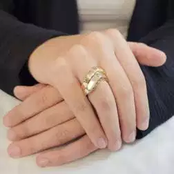 Photo of worn Double Wave Squared Ring in Yellow and White Gold