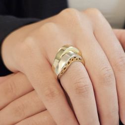 Photo of worn Double Wave Squared Ring in Yellow and White Gold