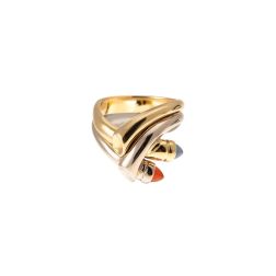 Yellow and White Gold Contrarié Ring with Red Carnelian and Light Blue Chalcedony