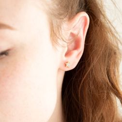 Photo of worn Star earrings with zircons and yellow gold