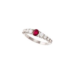 White Gold Solitaire Ruby Ring Surrounded with Diamonds